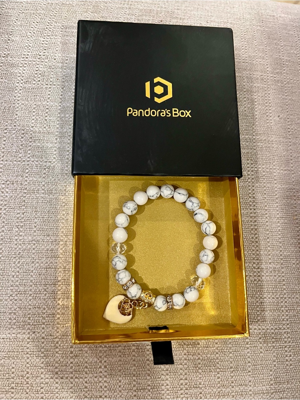 Pandora’s Box White Howlite Beaded Bracelet with Heart Charm